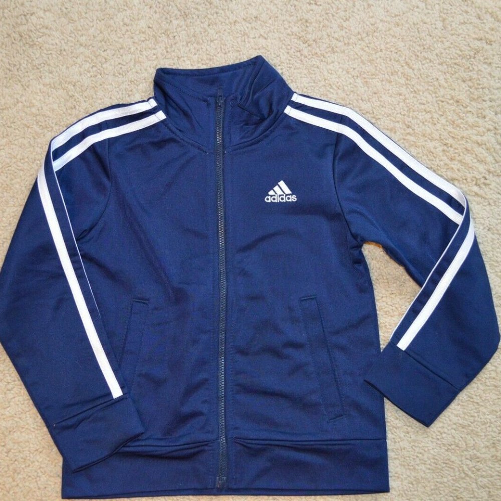 Boys Sz 4 ADIDAS Tricot Classic Track Jacket Zip Up Navy Blue White Stripe BTS